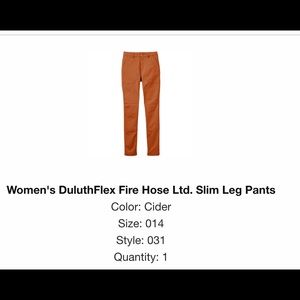 NWOT women’s Duluthflex firehouse slim leg pants. Size 14. “Cider” color